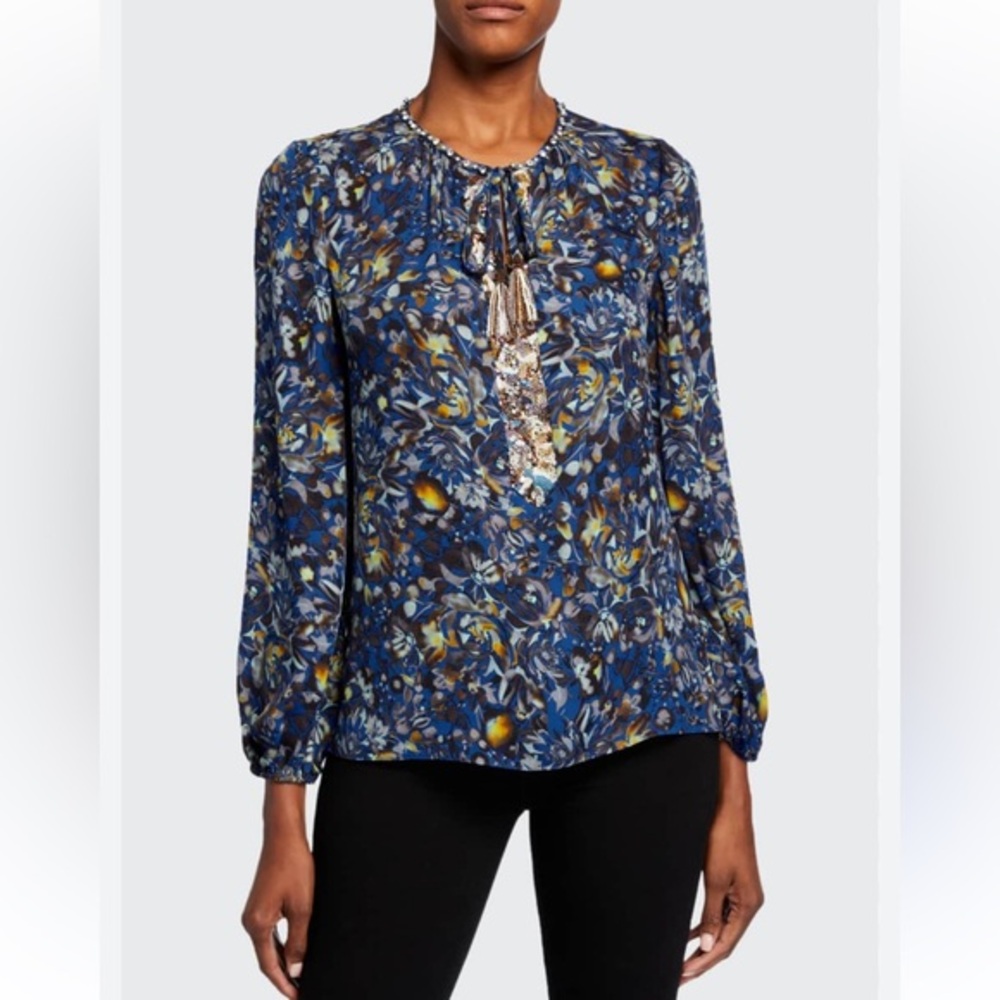 Kolby Halpern‎ silk Stacia beaded tasseled floral print blue blouse EUC size M